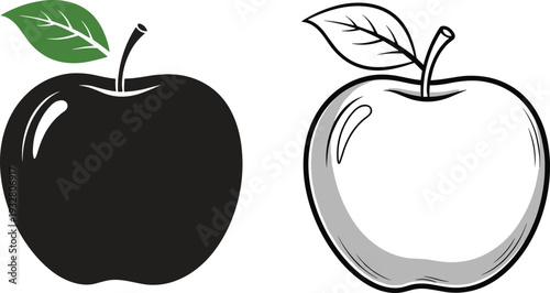 Fresh organic apple illustration featuring a solid black silhouette with green leaf and a detailed black and white line drawing