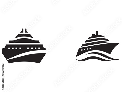 Two cruise ship silhouettes sailing on waves  ocean liners  travel and transportation icons