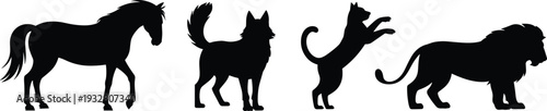 Black horse, wolf, cat, and lion silhouettes set isolated on white background featuring wild and domestic animals for wildlife and nature design concept