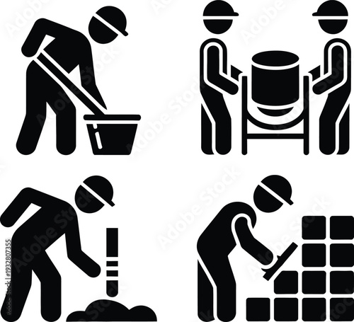 Illustrations of construction workers performing various building tasks