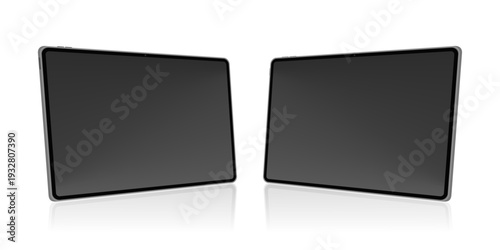 Black Tablet Computer Mockup Set Left and Right Perspective View. Realistic Digital Device Vector Illustration