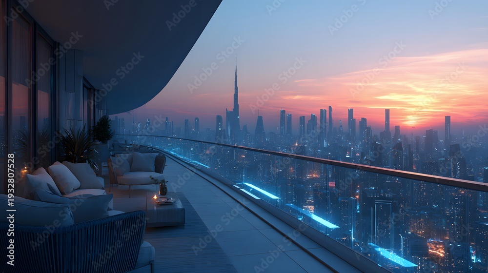 Fototapeta premium Breathtaking view from an ultra-luxury penthouse balcony with sleek glass railings, overlooking a glowing futuristic cyberpunk city skyline.