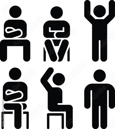 Six icons depicting various sitting and standing human postures and gestures