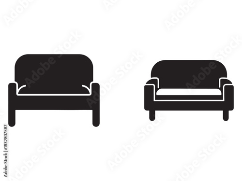 Two modern armchairs with solid backrests and armrests and short legs facing forward and slightly angled  simple furniture design