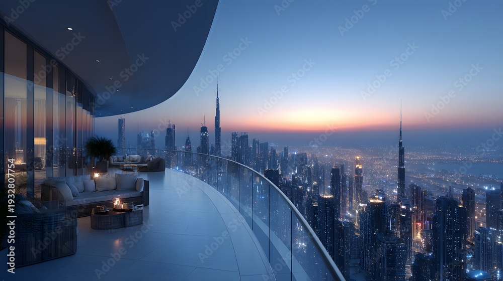 Fototapeta premium Breathtaking view from an ultra-luxury penthouse balcony with sleek glass railings, overlooking a glowing futuristic cyberpunk city skyline.