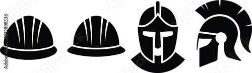 Black construction hard hat and ancient warrior helmet silhouettes set isolated on white background for safety equipment and historical armor design concept