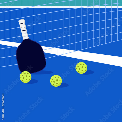 Pickleball game equipment paddle and balls on court