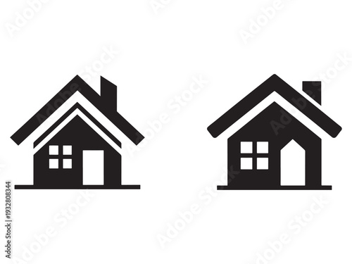 Two simple black house icons with gable roofs and chimneys on transparent background for real estate or construction concepts  home sweet home