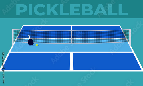 Pickleball court featuring game paddle and ball