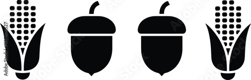 Black corn cob and acorn silhouettes set isolated on white background for agriculture harvest, autumn season, and organic farm product design concept