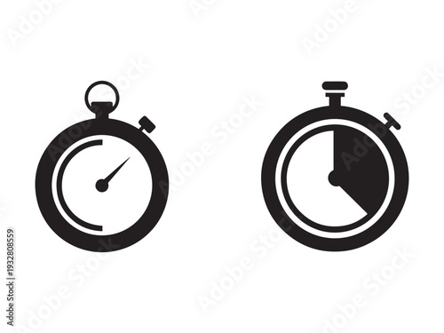 Two stopwatch icons in black silhouette on white background for time management and sports timing concepts  timer symbols