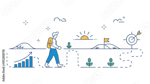 A minimalist line art illustration of a journey or growth path. In the center, a figure wearing blue pants and a yellow backpack walks along a winding dotted path (1)_traced