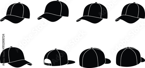 Baseball cap vector set with front, side and back views, snapback and curved brim hat silhouettes isolated on white background