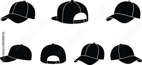 Baseball cap silhouette collection with snapback and curved brim hats isolated in black, vector illustration set on white background