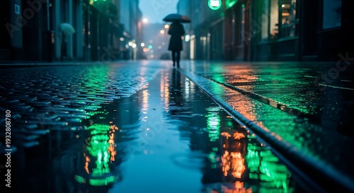 Rainy city street with green St Patrick's Day lights glow