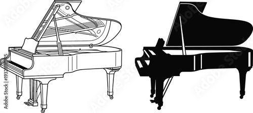 Grand piano vector illustration set, classic acoustic musical instrument in outline and silhouette styles, elegant black concert piano isolated on white background