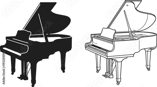 Grand piano silhouette and outline vector set, classic acoustic musical instrument illustration, elegant concert keyboard isolated on white background