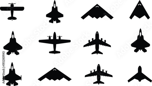 Military aircraft silhouette collection with fighter jets, bomber planes and propeller airplanes isolated in black vector illustration set