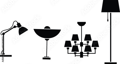 Modern lighting fixtures vector set featuring desk lamp, floor lamp, chandelier and wall sconce silhouettes isolated on white background