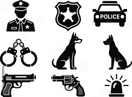 Police and law enforcement icon set with officer, badge, patrol car, handcuffs, K9 dog, handgun and siren silhouettes isolated on white background