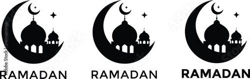 Ramadan kareem greeting design with crescent moon, mosque silhouette and star elements, Islamic holiday vector illustration isolated on white background