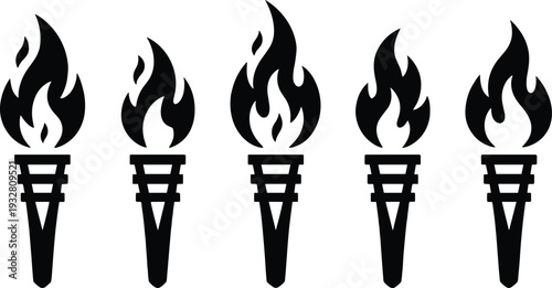 Torch flame silhouette set, fire torch icon collection in black isolated on white background, vector illustration design elements