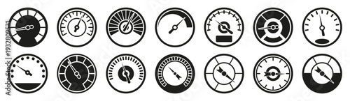 Speedometer gauge icons collection. Round dashboard meters in black silhouette style. Automotive measurement symbols isolated on white