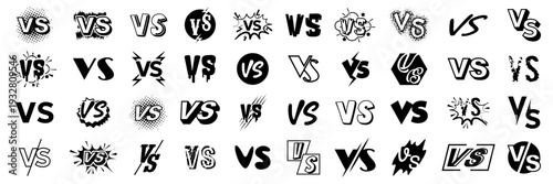Versus lettering collection. Bold VS symbols in various graphic styles. Isolated black typography elements on white