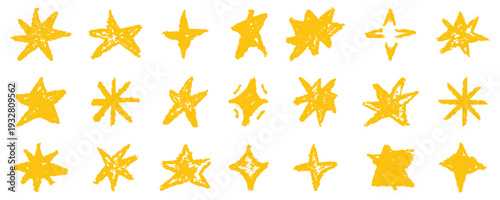Yellow grunge star collection. Hand drawn abstract sparkle symbols. Rough textured decorative elements isolated on white