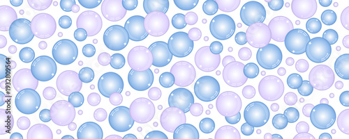Soft bubbles seamless pattern. Floating glossy circles in blue and violet tones. Decorative abstract background composition