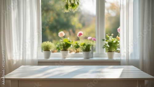 Empty wooden table top on spring background, AI generated image