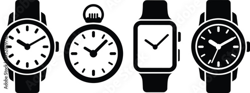 Wrist watch and pocket watch silhouette set, classic analog and smart watch icons collection, timepiece vector illustration isolated on white background
