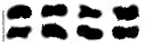 Grunge spray paint shapes set. Black abstract blot frames with halftone edges. Urban stencil style elements isolated on white