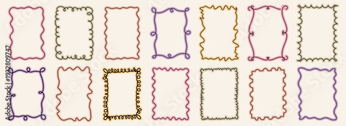 Pastel wavy frame collection on beige background. Includes hand drawn borders with curls loops and scallops. For notes labels invitations