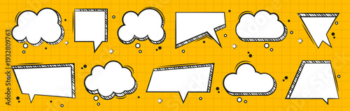 Comic speech bubbles set. Dynamic dialog shapes with bold outline and sketch shading. Bright yellow background with grid texture