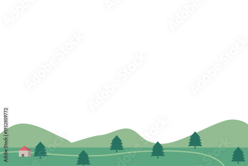 山と森の風景イラスト背景 田舎の丘と道のフラットデザイン コピースペース