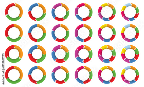 Circular infographic charts collection. Donut diagrams with colorful segmented parts. Clean business presentation elements isolated on white