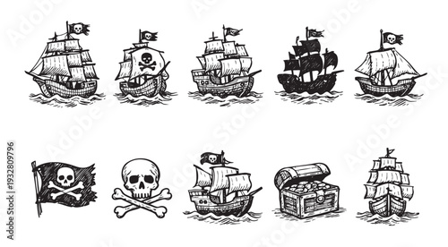 A collection of black and white sketched pirate motifs including ships, flag, skull and treasure chest on a white background, perfect for pirate theme decorations.