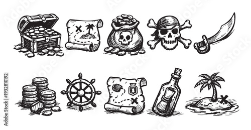 Hand-drawn style illustration of pirate elements, including a treasure chest, skull, map, coins, and sword, isolated on a white background, perfect for pirate-themed designs.