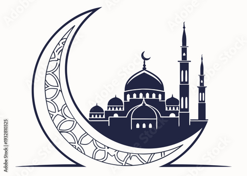 A crescent moon with a mosque and minarets in the background isolated on transparent background, isolated on white background, Vector