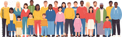 Diverse multicultural community group standing together, men women and children illustration, unity equality and inclusion concept flat vector isolated background