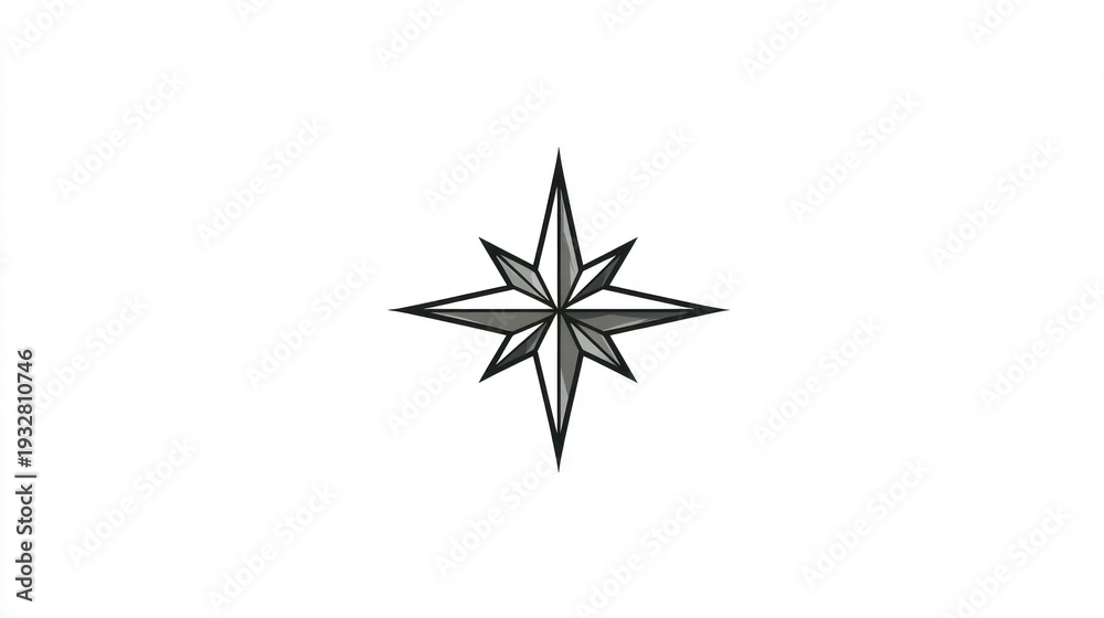 Obraz premium Centered gray compass rose with sharp points against a stark white backdrop, minimalist