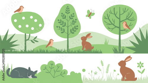 A minimalist nature illustration in a soft green color palette featuring three connected scenes (1)_traced