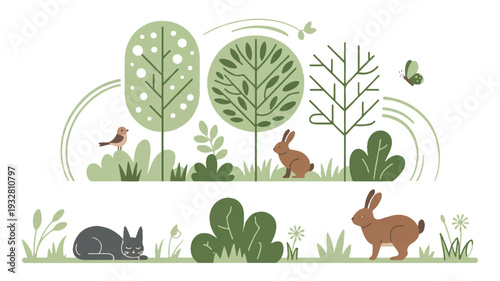 A minimalist nature illustration in a soft green color palette featuring three connected scenes (2)_traced