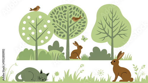 A minimalist nature illustration in a soft green color palette featuring three connected scenes (3)_traced