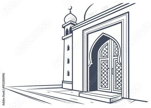 An intricate and detailed illustration of an ancient temple entrance with columns isolated on transparent background, isolated on white background, Vector