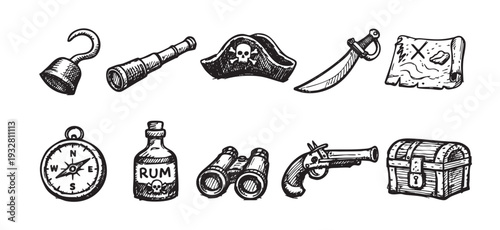 A set of hand-drawn pirate themed icons, featuring a hook, spyglass, hat, sword, map, compass, rum, binoculars, pistol and treasure chest, isolated on a white background.