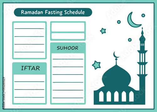 Ramadan fasting schedule with sehri and iftar times and a mosque illustration isolated on transparent background, isolated on white background, Vector