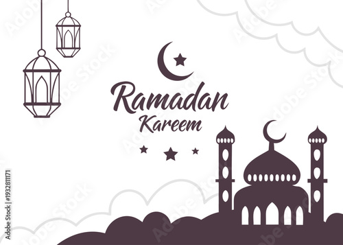 A serene illustration of a mosque under the night sky during ramadan kareem isolated on transparent background, isolated on white background, Vector