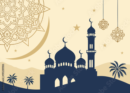 A serene night scene featuring a mosque with a crescent moon and stars isolated on transparent background, isolated on white background, Vector